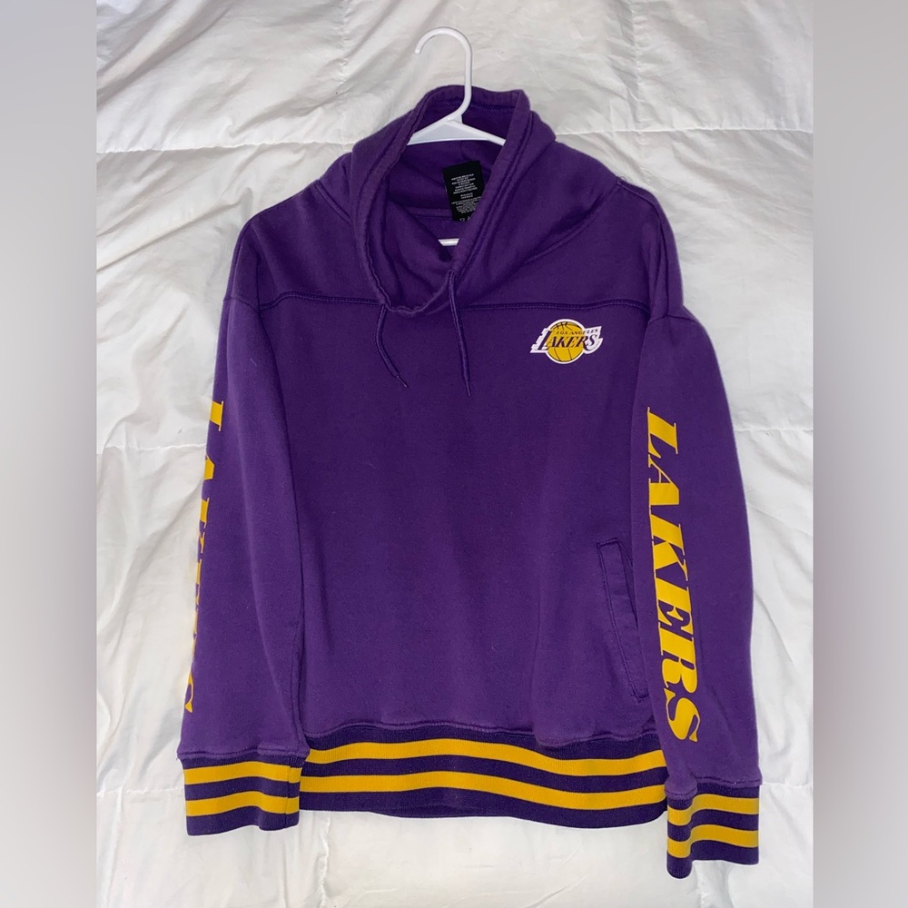 Los Angeles Lakers Sweatshirt Mens Small Purple Pullover Turtle Neck Drawstring